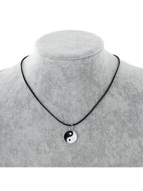 Zen Mindful Balance Yin Yang Black White Enamel Pendant Vegan Leather Necklace